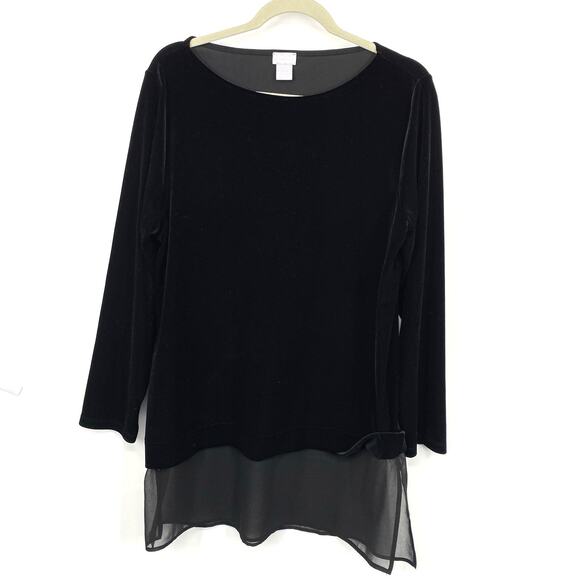 Chicos 2 Velvet Tunic Size Large Black Boat neck Chiffon Hem Travelers Lagenlook - Picture 6 of 8